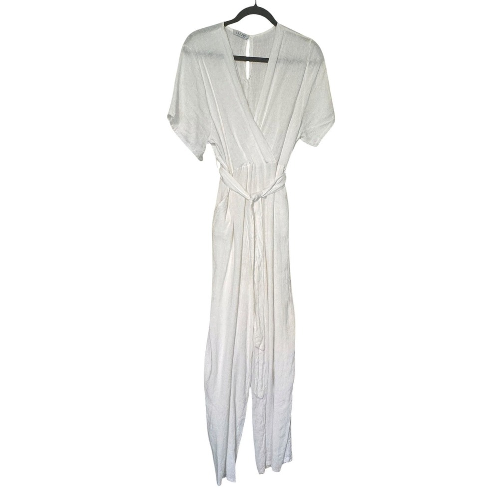 Saga Italy White Linen Blend Short Sleeve Wrap V-Neck Belted Jumpsuit One Piece